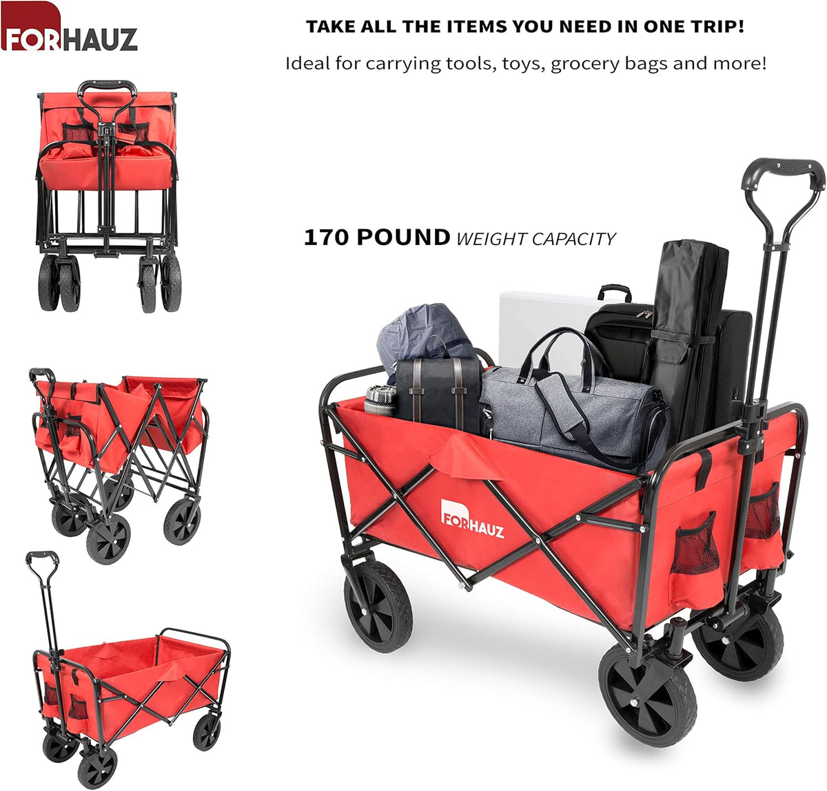 ForHauz Folding Collapsible Heavy Duty Wagon Cart with All-Terrain Wheels for Outdoor Utility, Beach and Garden, Red