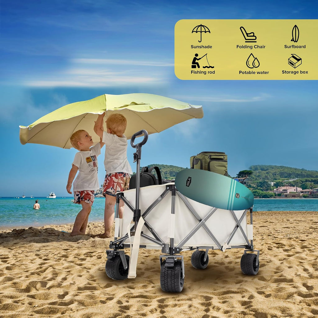 Collapsible Folding Wagon Cart, Portable Folding Beach Wagons with Wheels, Lightweight Utility Camping Wagon for Groceries, Shopping Sports Garden (White)