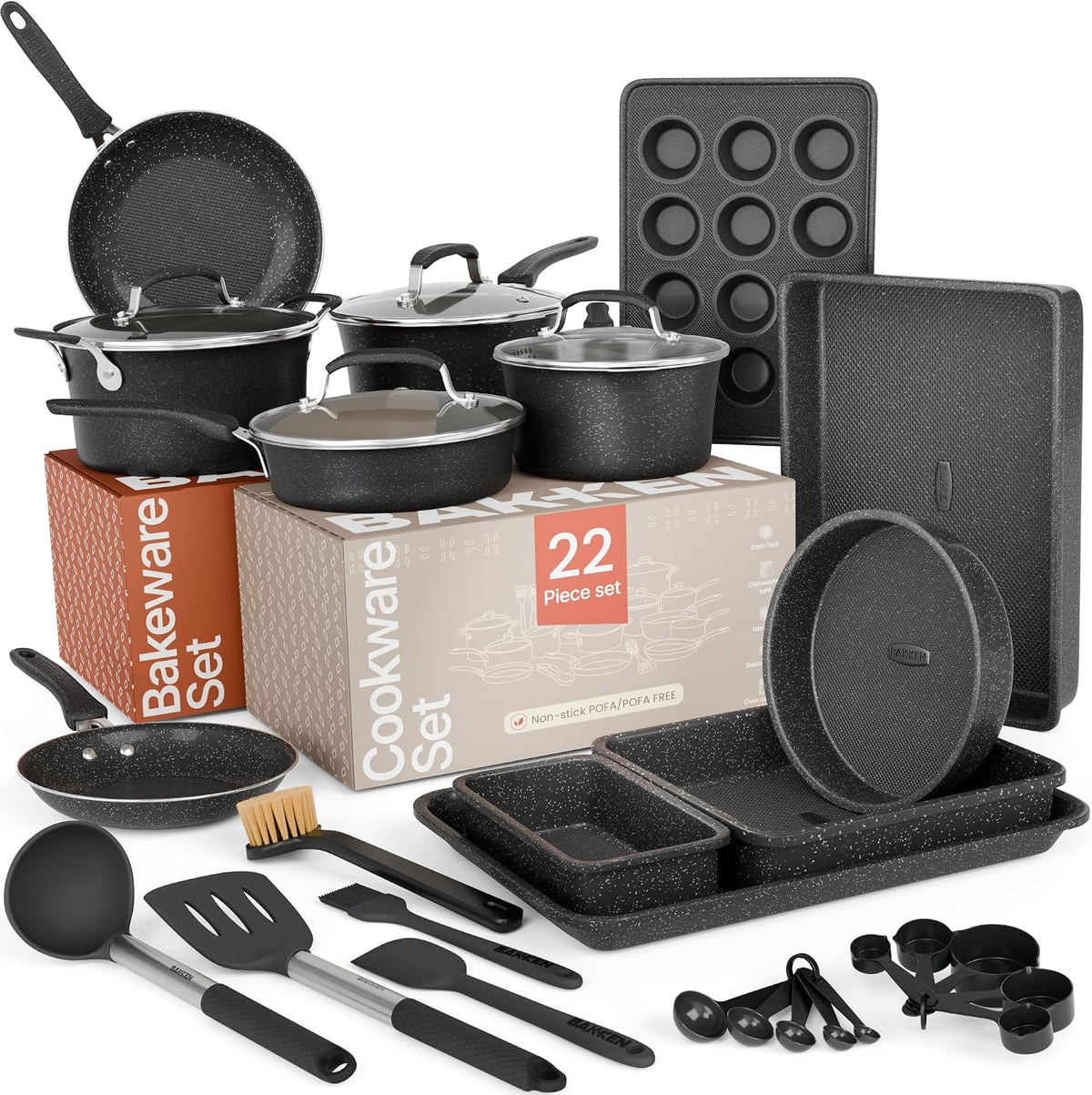 Pots and Pans Set, 22-Piece Non Stick Cookware & Bakeware Sets with Plaid Pattern, Stackable Design, Dishwasher Safe, Stain-resistant, Oven & All-Stove Safe, Tempered Glass Lid, Dark Gray