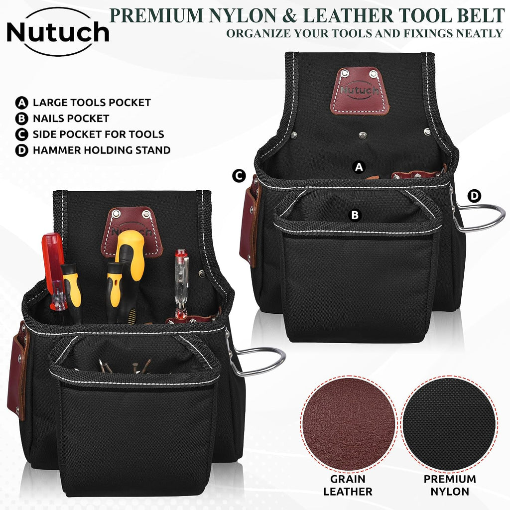 Nylon and Leather Tool Belt | Nylon Tool Pouch | Carpenter | Construction | Framers | Electrician Tool Belts | Drywall Tool Bags (BLACK)