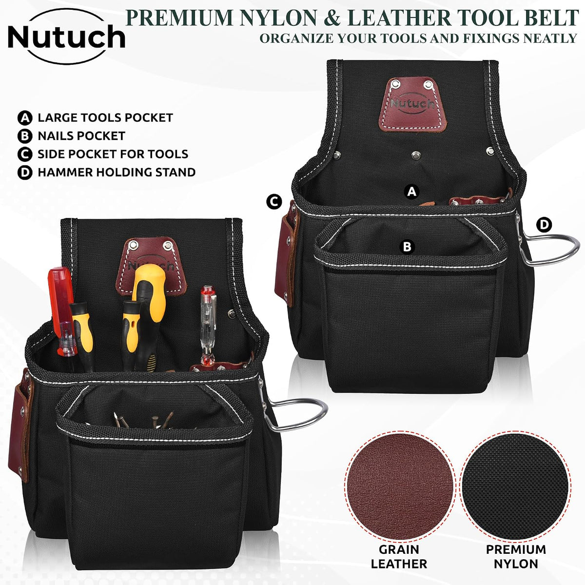 Nylon and Leather Tool Belt | Nylon Tool Pouch | Carpenter | Construction | Framers | Electrician Tool Belts | Drywall Tool Bags (BLACK)