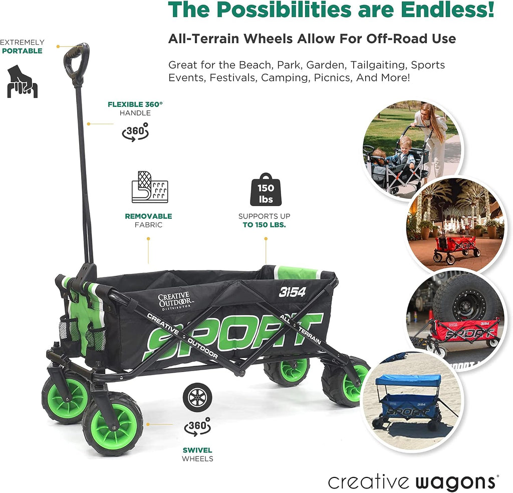 Creative Outdoor Push Pull Beach Hauler XXL, Collapsible and Portable Folding Wagon Cart, 200lbs Weight Capacity, Sport Series, Beach, Park, Garden Sports & Tailgate, (Green)