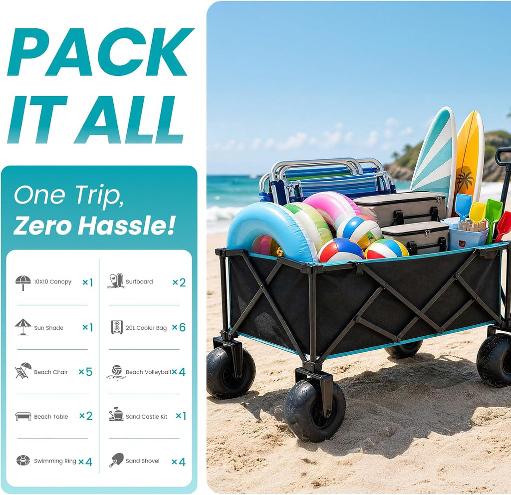 FUNDANGO Heavy Duty Beach Wagon with 9' Big Sand-Proof Wheels, 300L Large Beach Wagons with Balloon Wheel, Folding Collapsible All Terrian Cart with Side Pockets for Sports, Camping, Pump Included