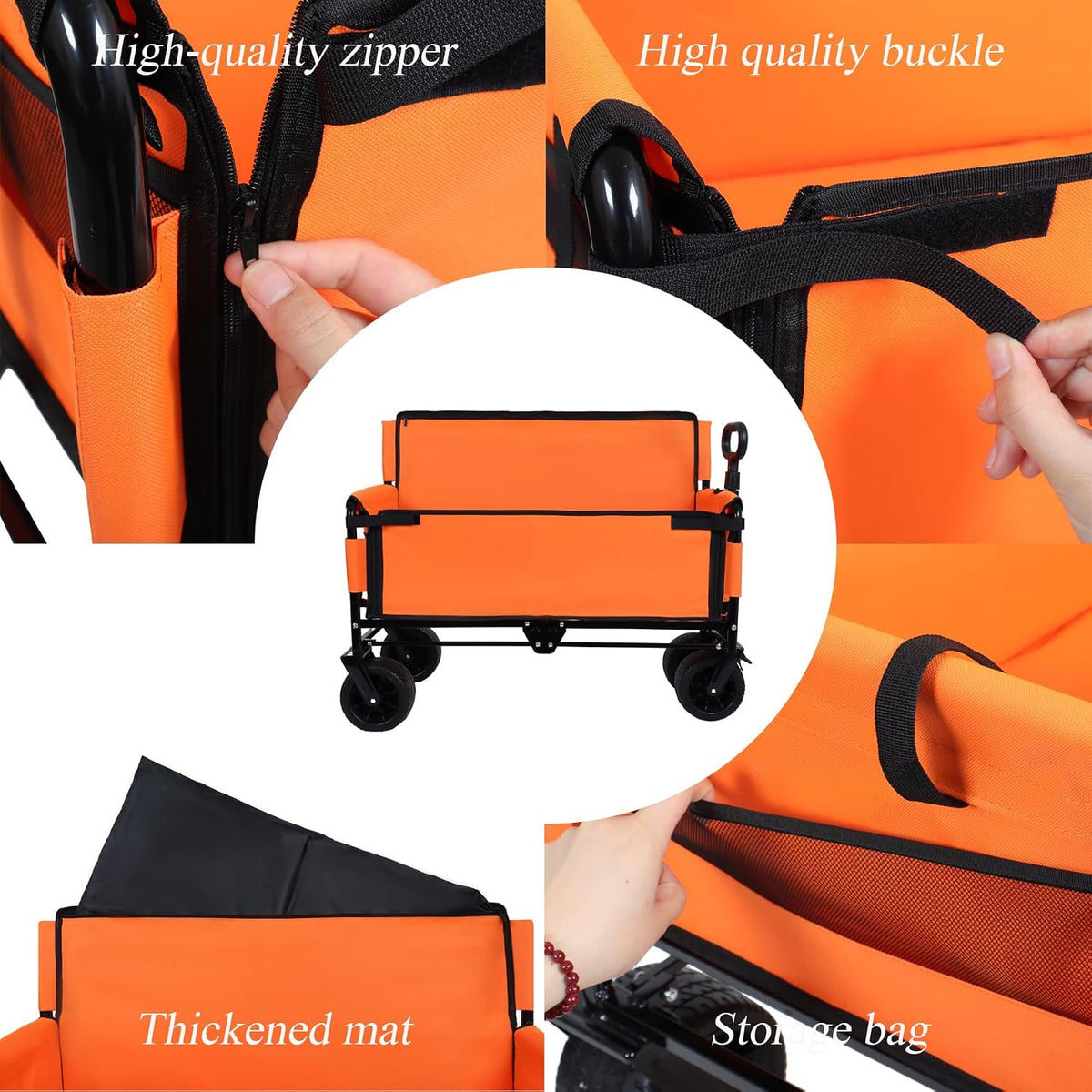 3-in-1 Convertible Folding Wagon Cart with Bench Seat & Storage - 500lbs Heavy-Duty Utility Wagon, 180L Capacity All-Terrain Wheels for Camping, Beach, Sports, Garden (Orange)