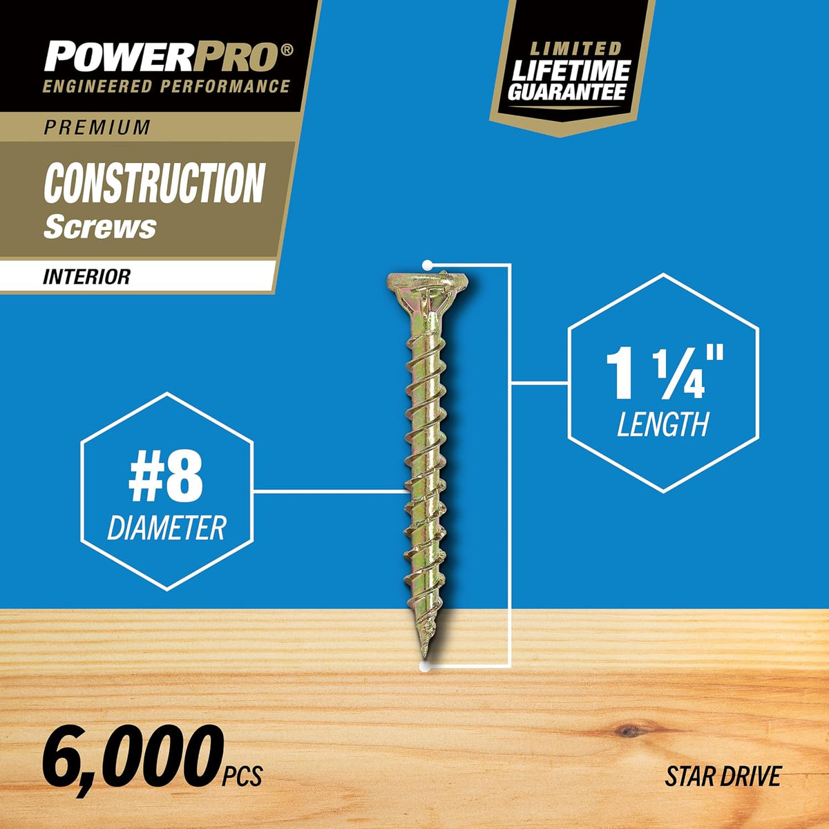 Power Pro 6000 Pc Interior Wood Screws (#8 x 1-1/4') | Star Drive Flat Head Fastening Screws | No Split Twist Shank Wood Screws for Framing Trim Cabinetry Interior Use