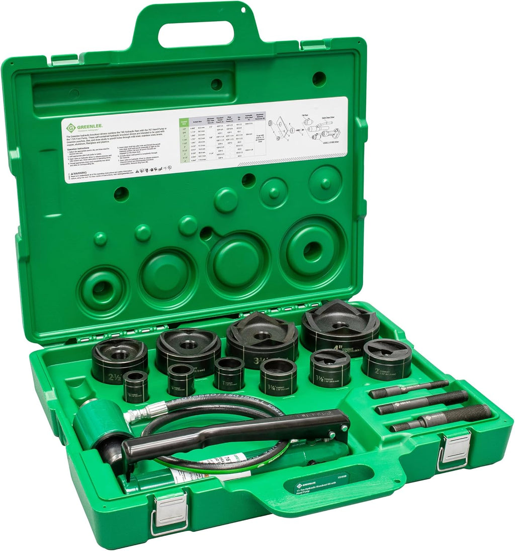 Greenlee 7310SB 11-Ton Hydraulic Knockout Punch Kit with Hand Pump, Ram, 1/2' to 4' Slug-Buster Punches, Dies, and Hydraulic Draw Studs, Electrical Conduit Hole Cutter Kit