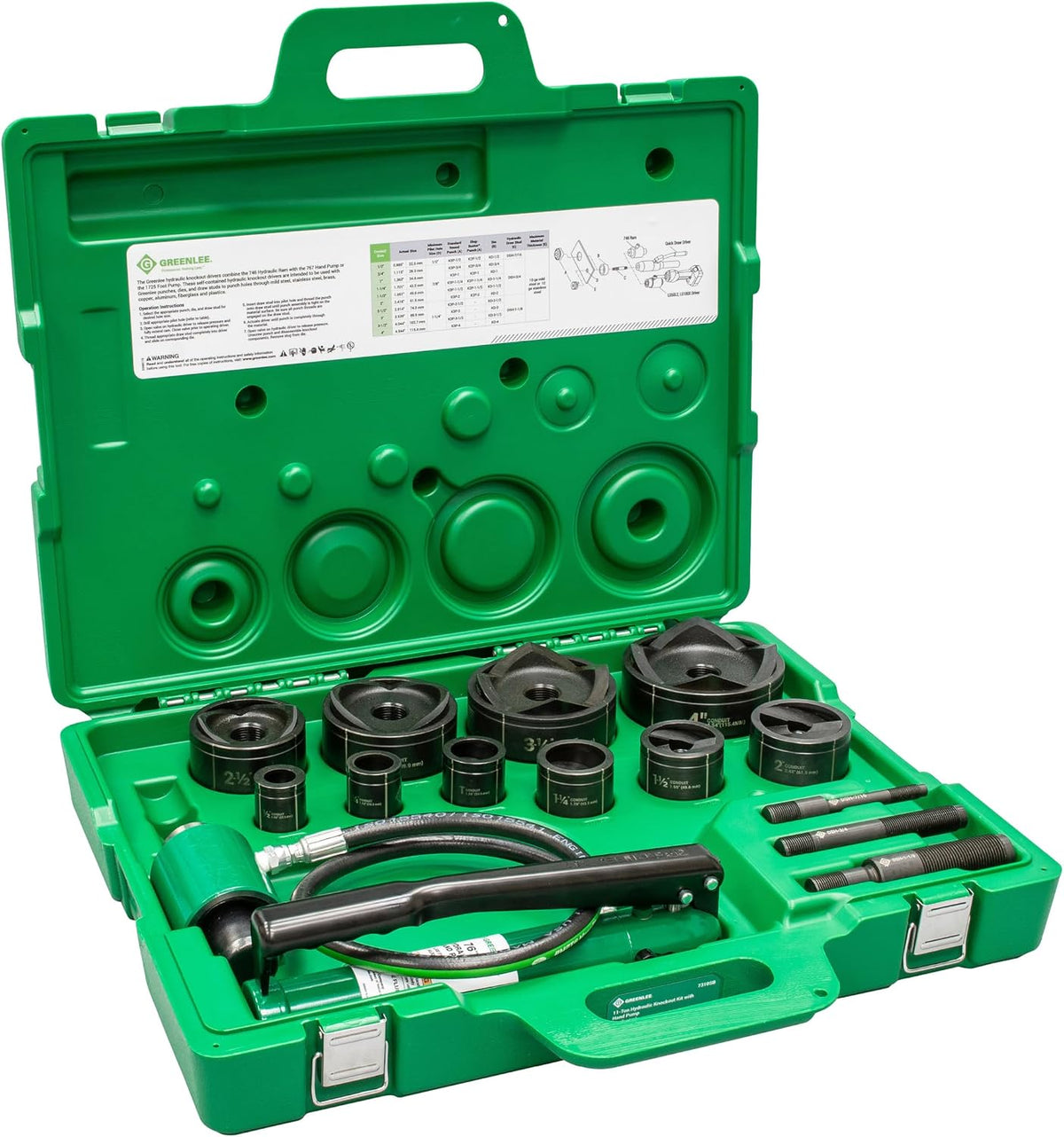 Greenlee 7310SB 11-Ton Hydraulic Knockout Punch Kit with Hand Pump, Ram, 1/2' to 4' Slug-Buster Punches, Dies, and Hydraulic Draw Studs, Electrical Conduit Hole Cutter Kit