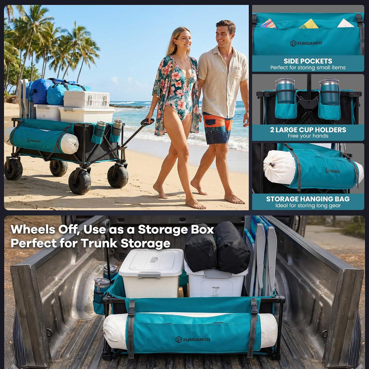 FUNDANGO Heavy Duty Beach Wagon with 9' Big Sand-Proof Wheels, 300L Large Beach Wagons with Balloon Wheel, Folding Collapsible All Terrian Cart with Side Pockets for Sports, Camping, Pump Included