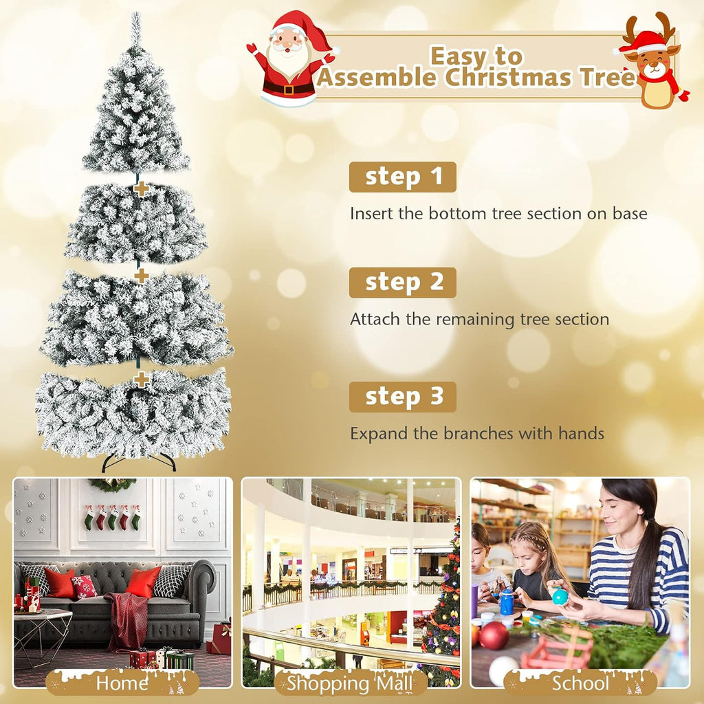 COSTWAY 7.5 FT Pre-Lit Christmas Tree, Snow Flocked Hinged Xmas Tree with 1010 Branches Tips & 450 LED Lights, Metal Stand, Artificial Pine Lighted Holiday Tree for Home Office Decorations