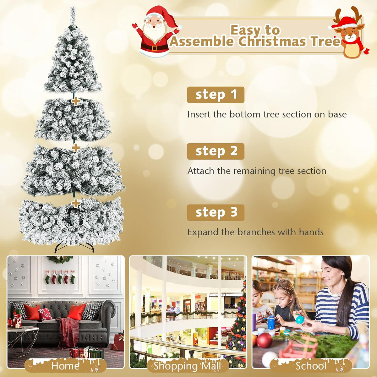 COSTWAY 7.5 FT Pre-Lit Christmas Tree, Snow Flocked Hinged Xmas Tree with 1010 Branches Tips & 450 LED Lights, Metal Stand, Artificial Pine Lighted Holiday Tree for Home Office Decorations