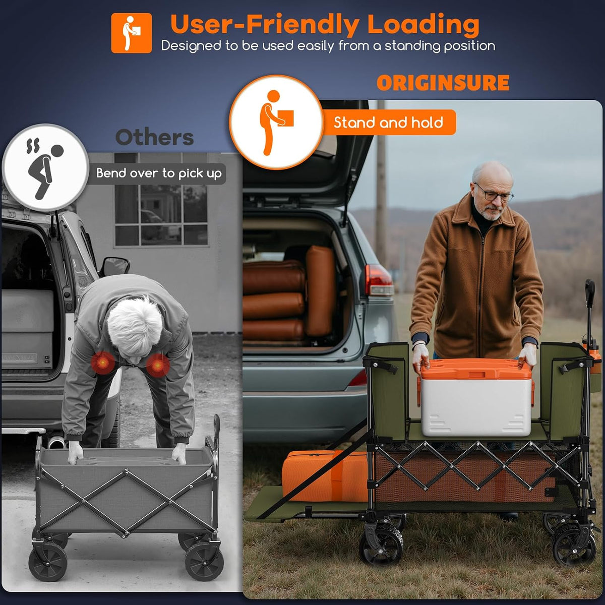 Originsure 400L Double Decker Wagon Collapsible with 54' L Tailgate, 560lbs Heavy Duty Carts Foldable, Extra Large Folding Beach Wagon with Big All-Terrain Wheels for Camping, Sports, Groceries, Green