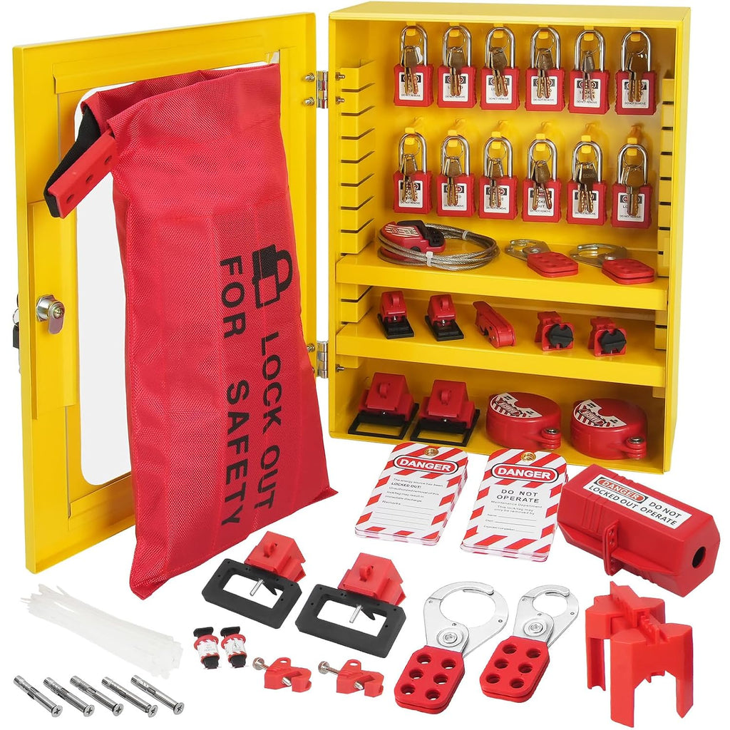 Happybuy Electrical Lockout Tagout Kit, 59 PCS Safety Lockout Tagout Station with Padlocks, Hasps, Tags, Ties, Plug Lockout, Circuit Breaker Lockouts, Valve Lockouts, Cable Lockout, Lockout Bag, Box