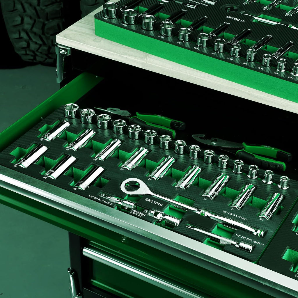 SK 1/2' Drive Socket Set with 160-P Ratchet, 31-Piece, Metric, SuperKrome Finish, Premium CR-V Construction, with EVA Foam Tool Organizer