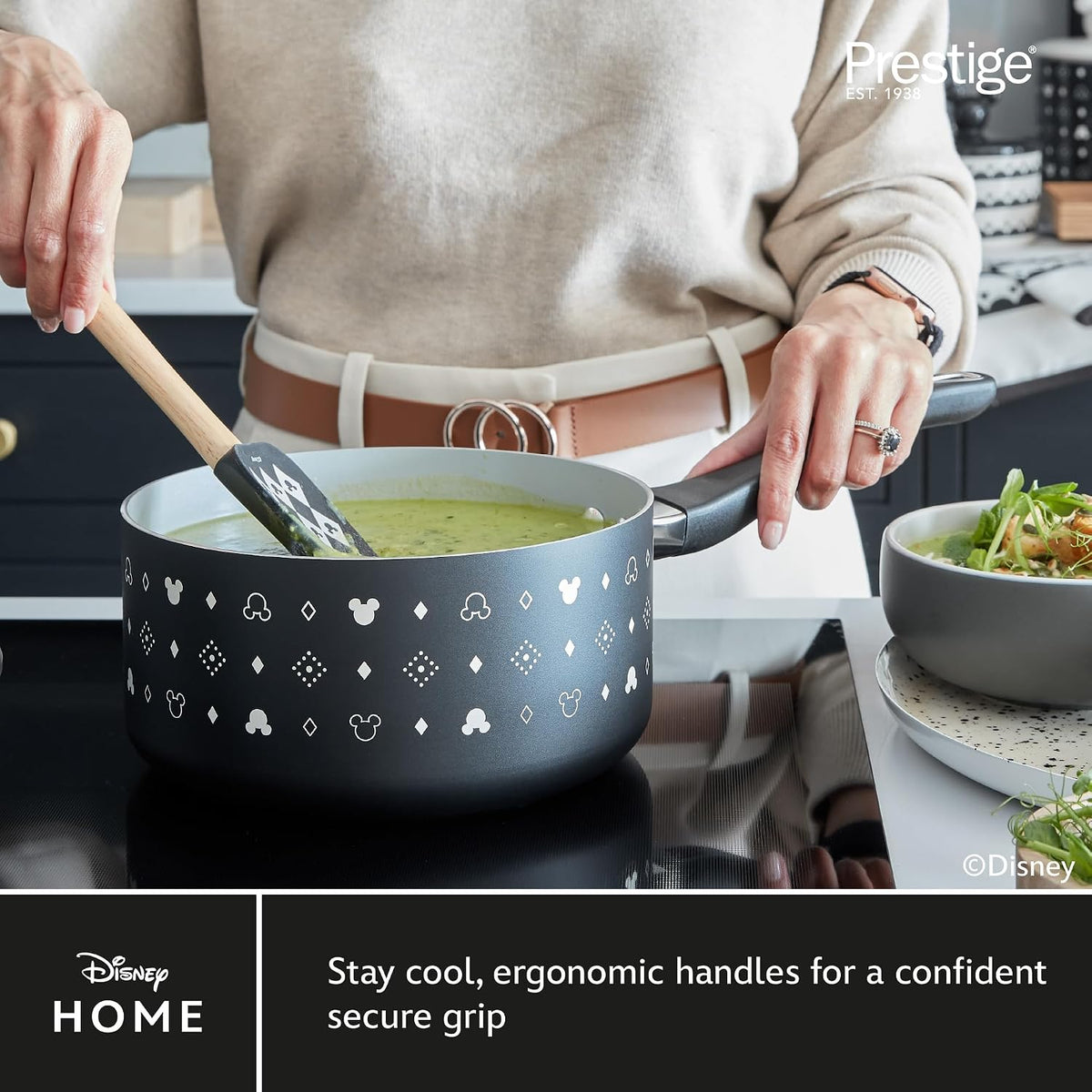 Prestige Disney Monochrome Ceramic Non Stick Saucepan Set of 3 with Lids - 16, 18 & 20cm Induction Saucepan Set, PFAS & PFOA Free, Non Toxic Cookware, Black & White