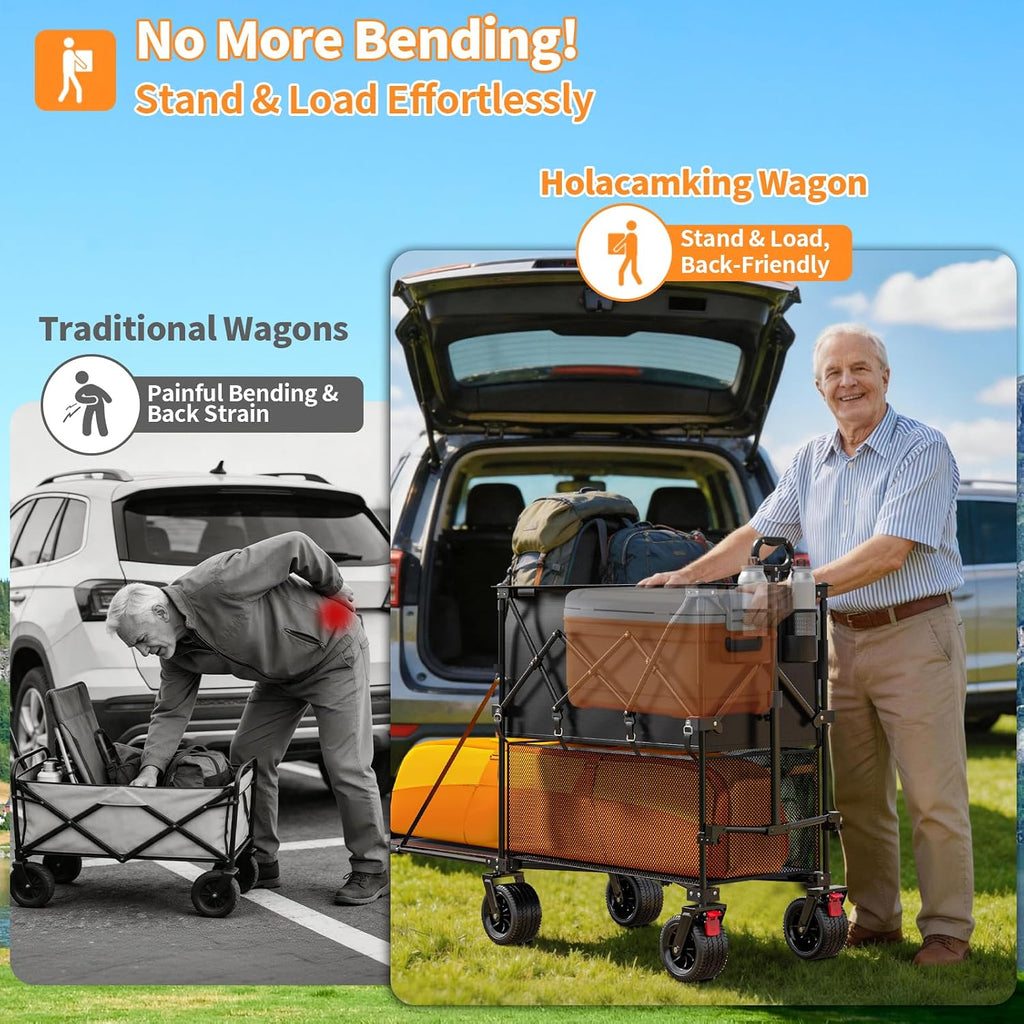 480L Double Decker Wagon, 58' L Extended Foldable Utility Cart with Tailgate, Big All-Terrain Wheels with Brakes, 520lbs Heavy Duty Collapsible Wagon for Camping Beach Sports Grocery Pets