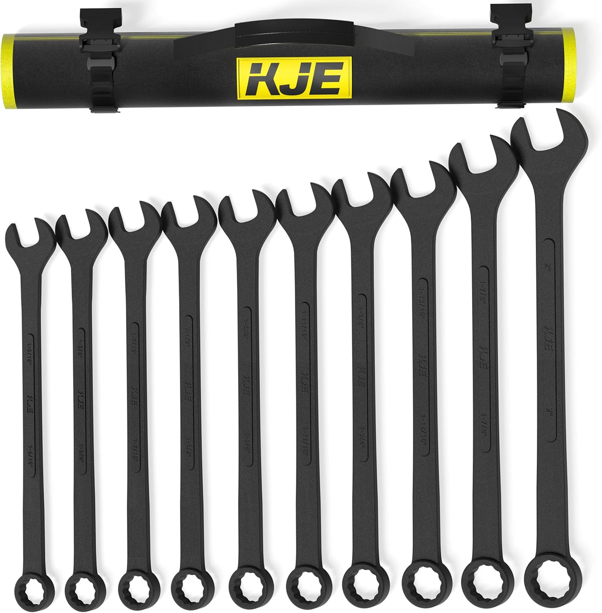 KJE 10-Piece SAE Black-Oxide Jumbo Combination Wrench Set, Open-End large Wrench, big Wrench Set, SAE Sizes 1-5/16' - 2' for Large Vehicles
