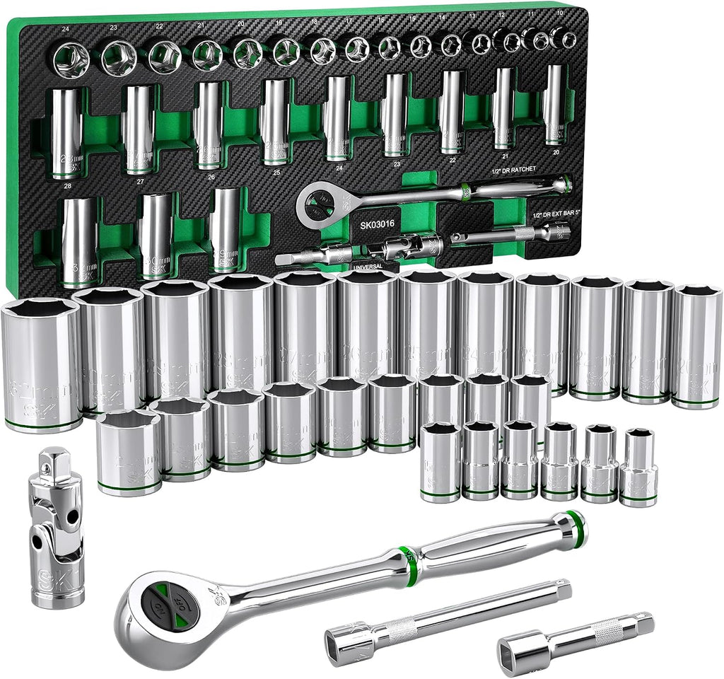 SK 1/2' Drive Socket Set with 160-P Ratchet, 31-Piece, Metric, SuperKrome Finish, Premium CR-V Construction, with EVA Foam Tool Organizer