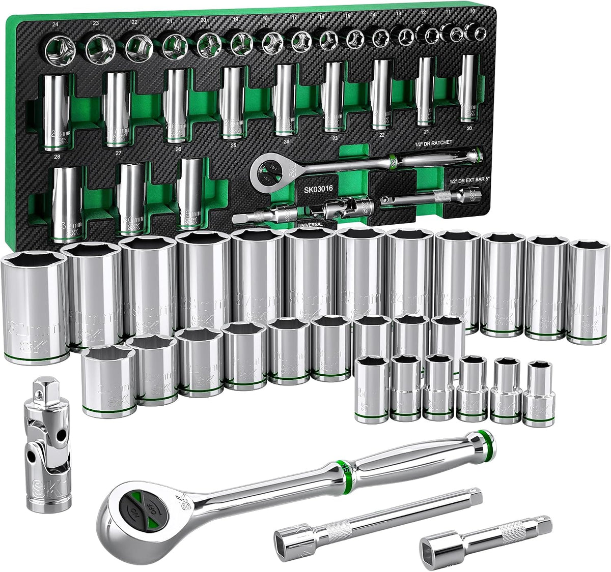 SK 1/2' Drive Socket Set with 160-P Ratchet, 31-Piece, Metric, SuperKrome Finish, Premium CR-V Construction, with EVA Foam Tool Organizer