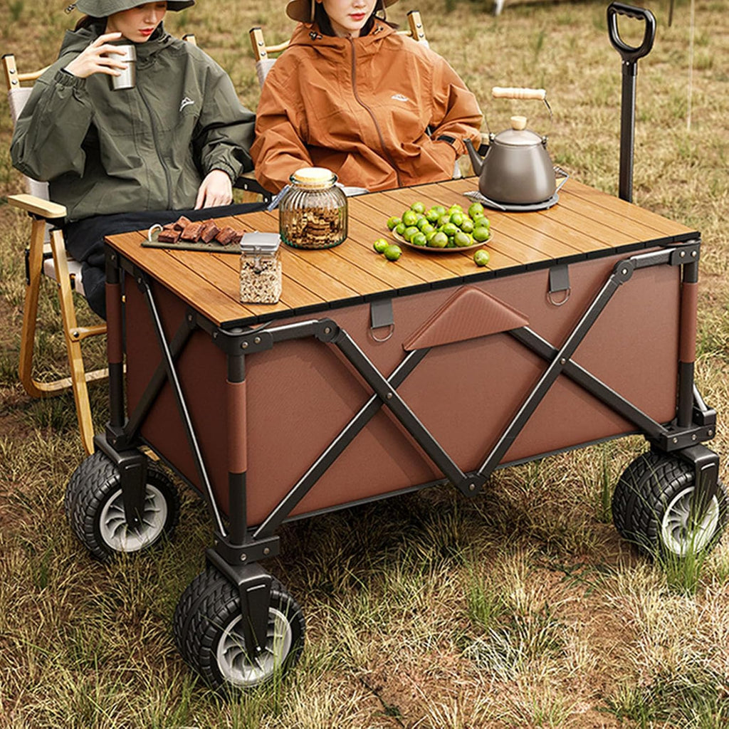 Coffee Color Garden Carts,Collapsible Wagon,Sports Outdoor Utility Wagon Folding Garden Wagon Foldable Table Board Foldable Yard Car Off-Road Wheels with Brakes Camping Cart