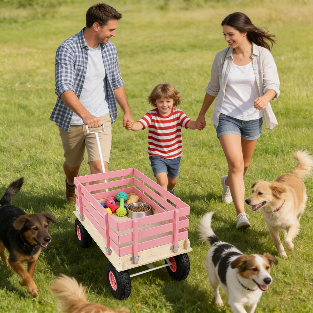 Garden Cart with Removable Side Panels, 176 lbs Capacity - Heavy-Duty Steel Yard Cart with Pneumatic Tires, Ideal for Gardening, Beach Use, and More (Pink-White Handle)