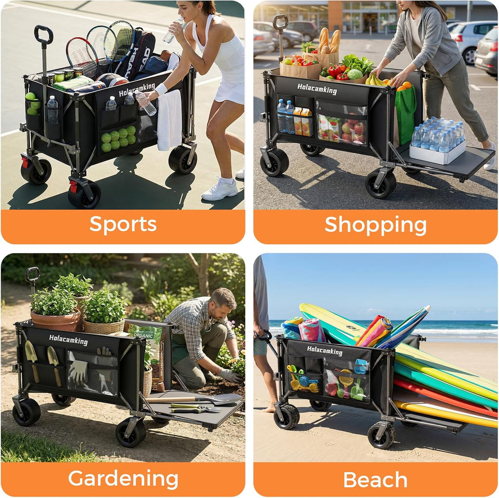 58'L Extender Collapsible Wagon, Extra Long Foldable Wagon Cart with Extended Tailgate, Heavy Duty Rolling Utility Cart with All-Terrain Big Wheels for Shopping Sports Beach, Black
