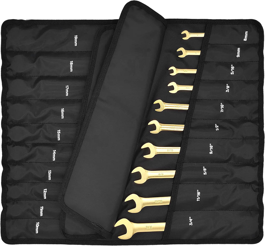STARWORK 20 Pc. 6-Point SAE, Metric 15° Offset Vintage G-Plating Reversible Non-Slip Long Pattern Ratcheting Combination Wrench Set (5/16' -3/4' & 8-19 mm)