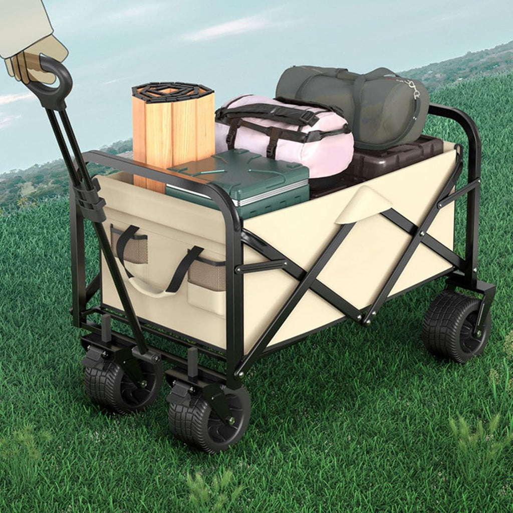 Black Garden Carts,Brown Collapsible Wagon,Beige Coffee Color Sports Outdoor Utility Wagon Folding Bearing 100Kg Garden Wagon Sports Heavy Duty Steel Frame Foldable Yard Car