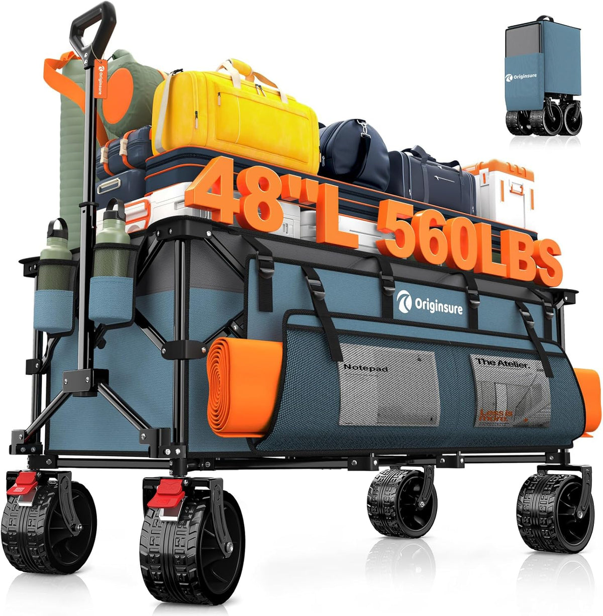 48' L Folding Beach Wagon Cart Foldable, 560lbs Weight Capacity 300L Heavy Duty Collapsible Wagons with Big All-Terrain Wheels, Utility Carts for Groceries, Shopping, Camping, Sports - Grey&Blue