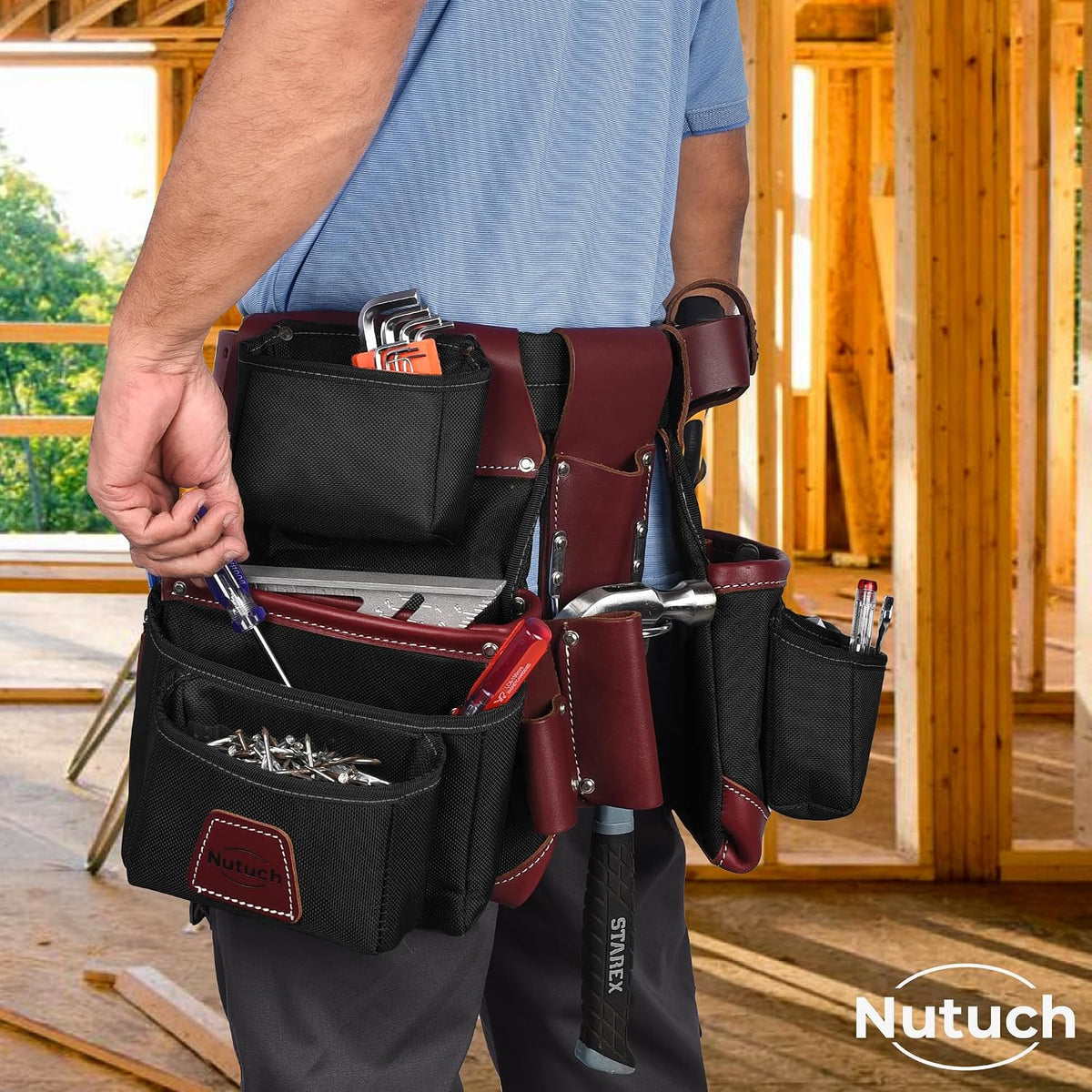 Nylon and Leather Tool Belt | Nylon Tool Pouch | Carpenter Tool Belt | Construction | Framers | Electrician Tool Belts | Drywall Tool Bags | Handyman | Electric (BLACK)