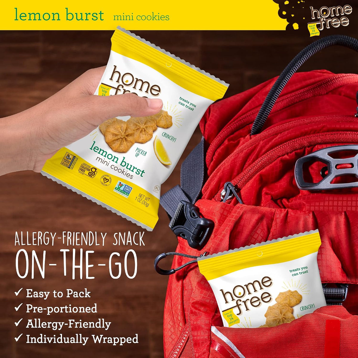 Homefree Treats You Can Trust Gluten Free Mini Cookies, Single Serve, Lemon Burst, 1.0 Ounce (Pack of 64)