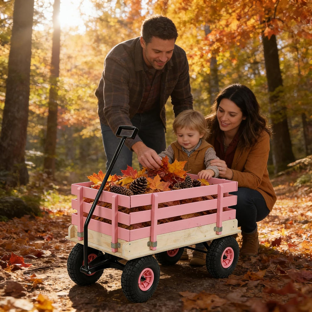 Garden Cart with Removable Side Panels, 176 lbs Capacity - Heavy-Duty Steel Yard Cart with Pneumatic Tires, Ideal for Gardening, Beach Use, and More (Pink-Black Handle)