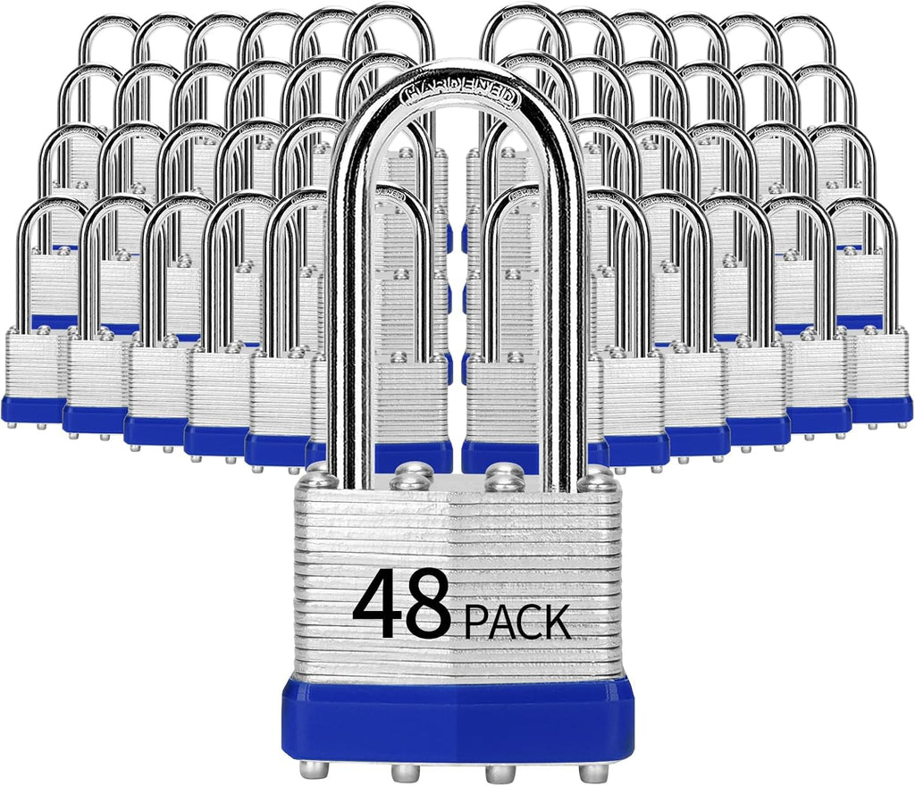 Padlocks Keyed Alike, Pack of 48, Laminated Steel Keyed Lock (1-9/16', 40mm), Padlocks with Same Key, Long Shackle, for Toolbox, Locker & StorageUnit or More
