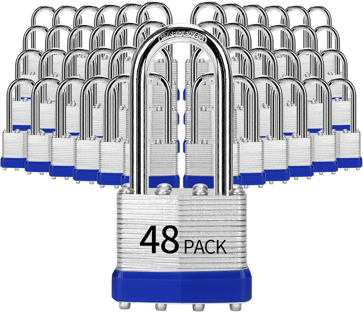 Padlocks Keyed Alike, Pack of 48, Laminated Steel Keyed Lock (1-9/16', 40mm), Padlocks with Same Key, Long Shackle, for Toolbox, Locker & StorageUnit or More