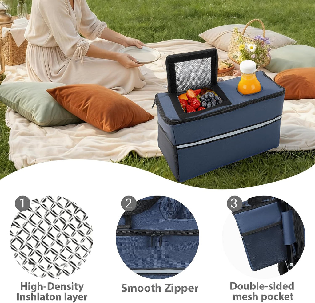 3-in-1 Convertible Folding Wagon Cart with Bench Seat & Storage - Includes 1 ice Pack, 500lbs Heavy-Duty Utility Wagon, All-Terrain Wheels for Camping, Beach, Sports, Garden (Dark Blue)