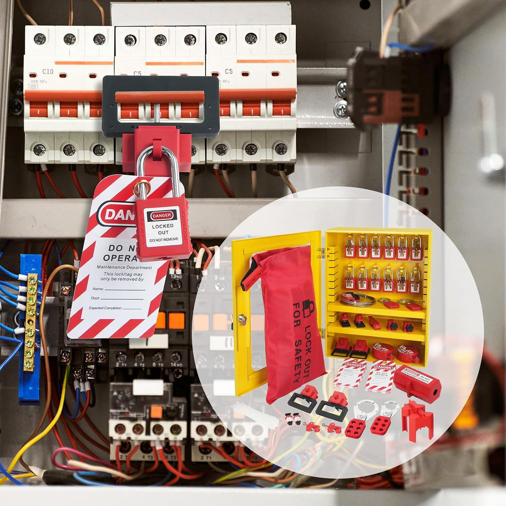 VEVOR Electrical Lockout Tagout Kit, 59 PCS Safety Lockout Tagout Station with Padlocks, Hasps, Tags, Ties, Plug Lockout, Circuit Breaker Lockouts, Valve Lockouts, Cable Lockout, Lockout Bag, Box