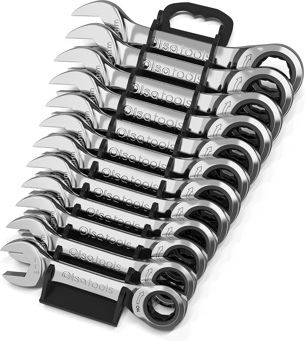 Olsa Tools 12pc Metric Ratchet Wrench Set, 120 Tooth, Stubby, Chrome Vanadium Steel