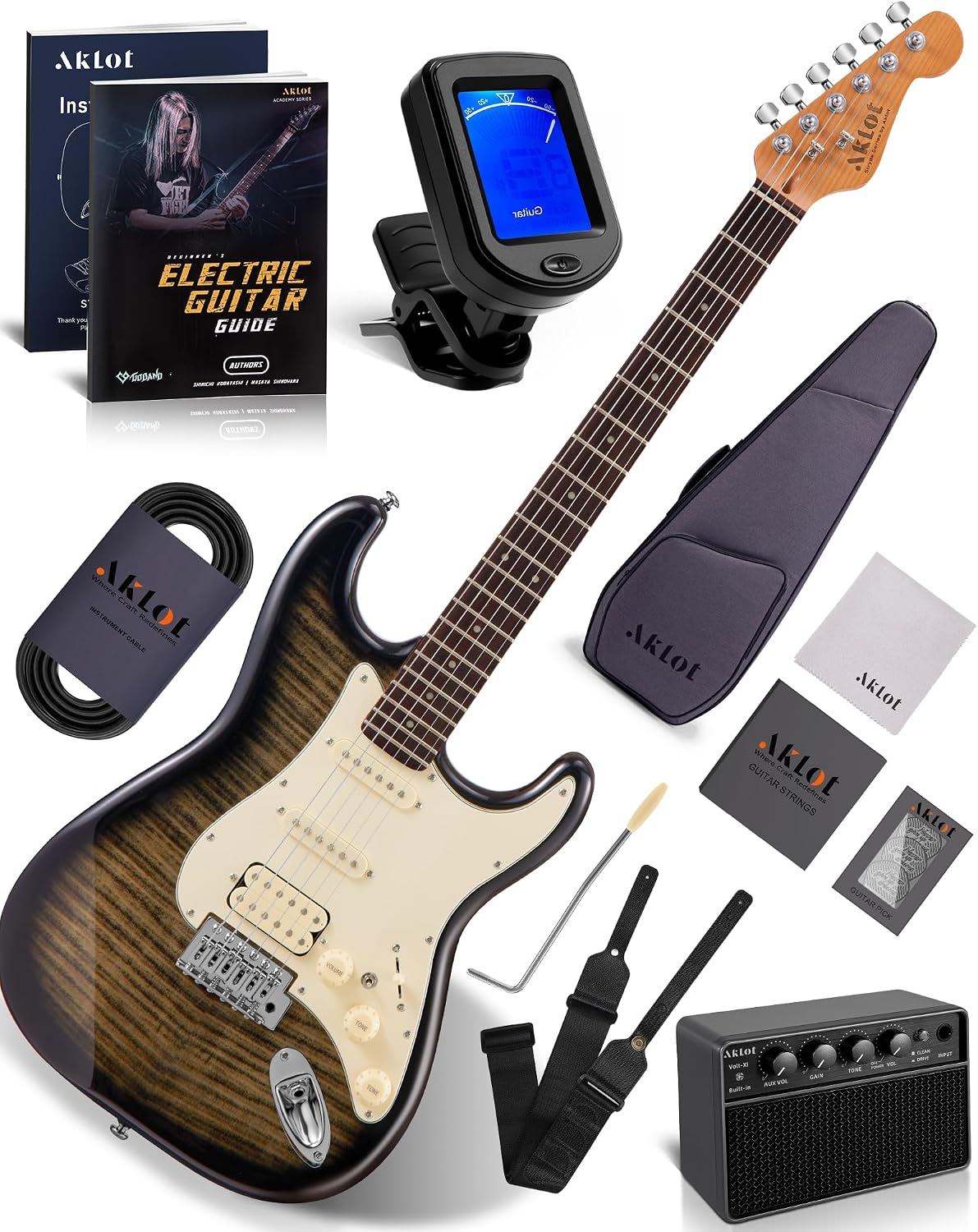 AKLOT Beginner Electric Guitar Kit: 10W Amp, Coil-Split HSS Pickups, Lesson Book, Roasted Maple Neck, Gig Bag, Tuner, Strap, Picks, Stryde Obsidian Black