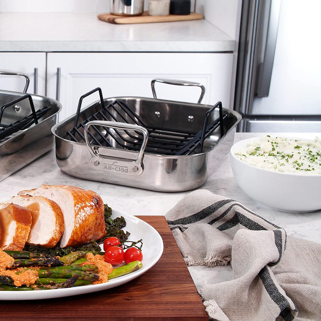 All-Clad Specialty Stainless Steel Roaster with Nonstick Rack 11x14 Inch Oven Broiler Safe 600F Roaster Pan, Pots and Pans, Bakeware, Silver