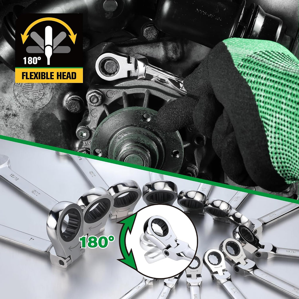 SK Flex-Head Ratcheting Wrench Set, Combination Wrench Set, 25-Piece, SAE 1/4' to 1', Metric 8 to 19mm, 72-Tooth, Premium CR-V Construction, with Rack Organizer