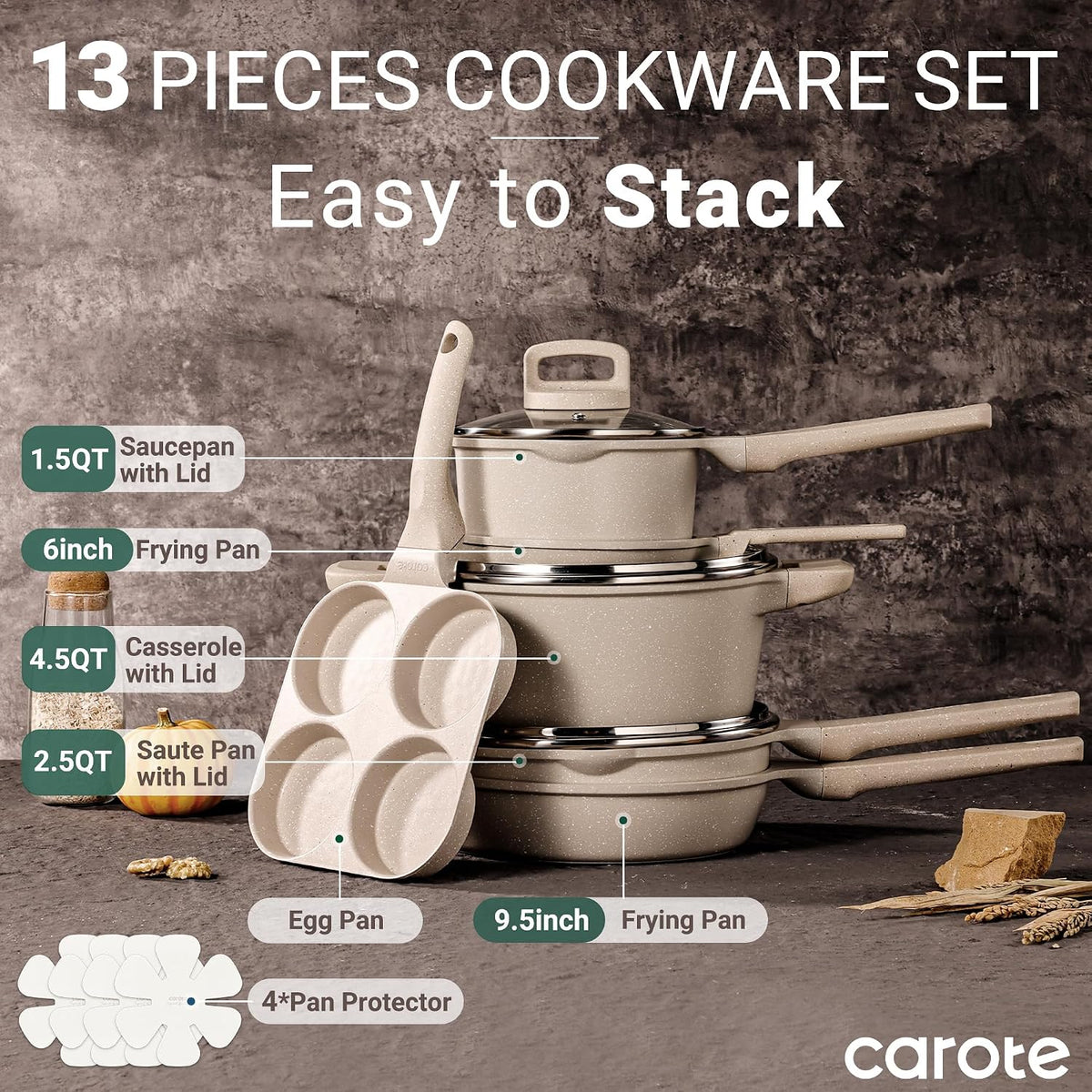 CAROTE 13pcs Pots and Pans Set Non Stick, Taupe Nonstick Cookware Set, Frying pans with lids, Kitchen Essentials Pot and Pan, Induction Cookware