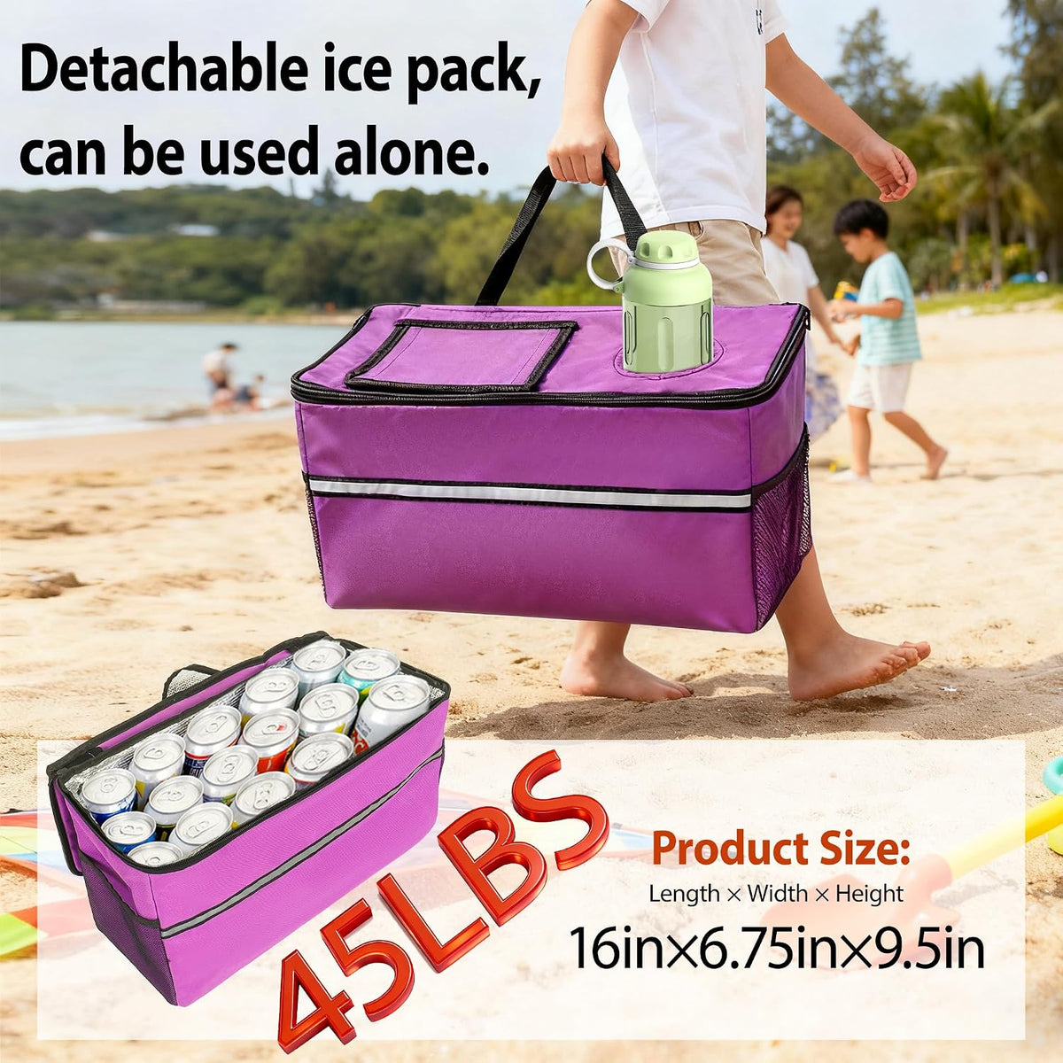 3-in-1 Convertible Folding Wagon Cart with Bench Seat & Storage - Includes 1 ice Pack, 500lbs Heavy-Duty Utility Wagon, All-Terrain Wheels for Camping, Beach, Sports, Garden (Purple)