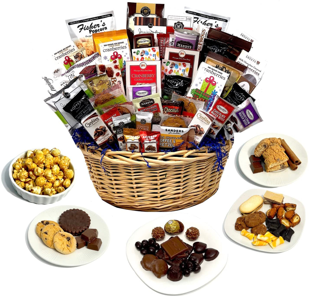 Hand-Crafted 54 Piece customizable chocolate gift basket of gourmet chocolates, cookies, and crunches. Tasty treats selected for businesses, clients, employees, birthdays, thank you and more!