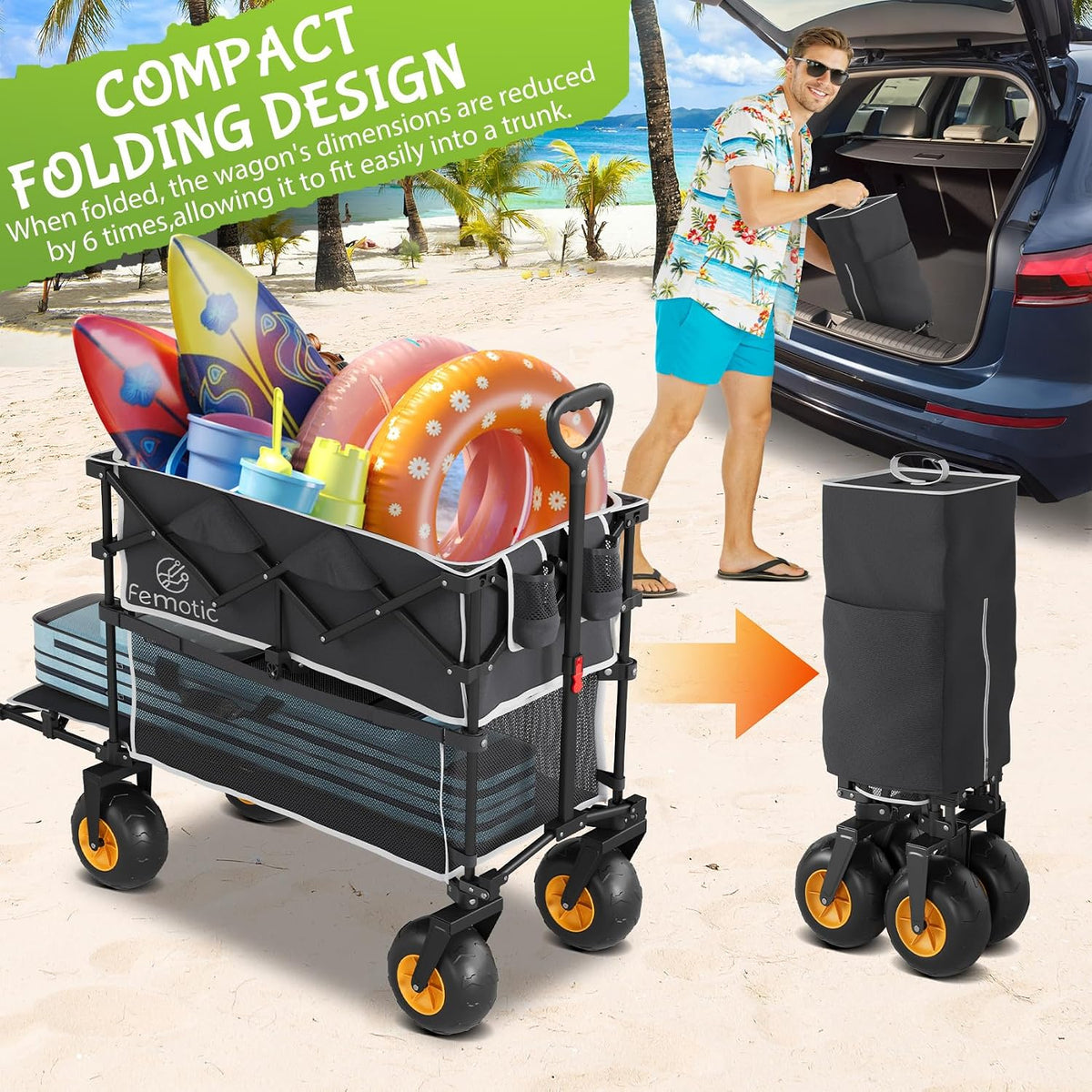 Beach Wagon with Big Wheels for Sand,Heavy Duty Double Decker Wagon with Extender,400L Extra Large Foldable Wagon Cart with 9' All Terrain Inflatable Tires,for Beach Camping Garden and Sports, Black