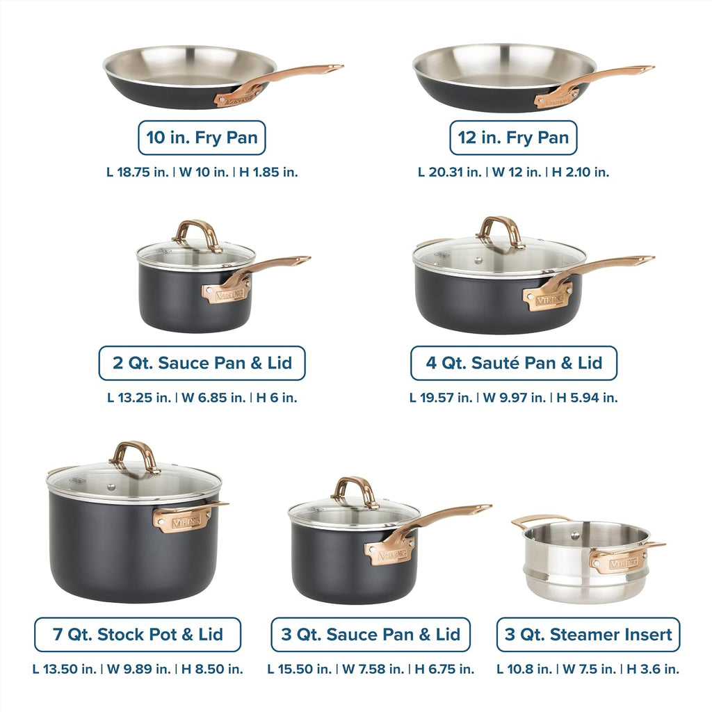 Viking 3 Ply Pots and Pans Set, 11 Piece Stainless Steel Kitchen Cookware with Glass Lids, Black with Copper