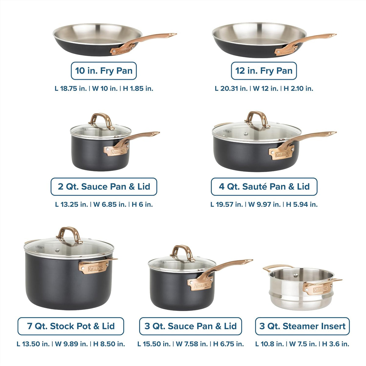 Viking 3 Ply Pots and Pans Set, 11 Piece Stainless Steel Kitchen Cookware with Glass Lids, Black with Copper