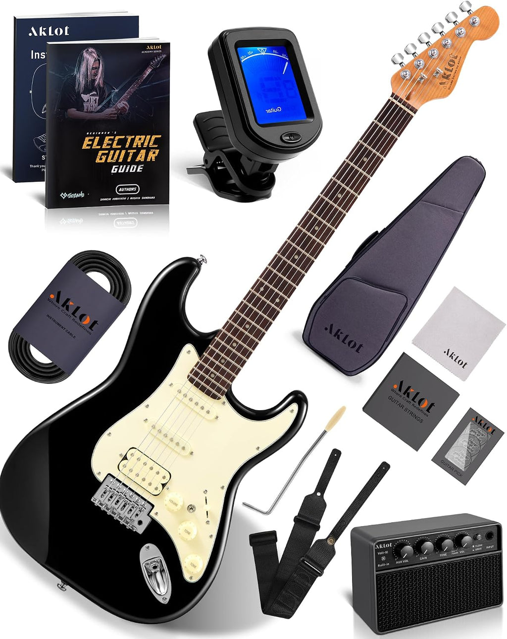 AKLOT Beginner Electric Guitar Kit: 10W Amp, Coil-Split HSS Pickups, Lesson Book, Roasted Maple Neck, Gig Bag, Tuner, Strap, Picks, Stryde Phantom Black