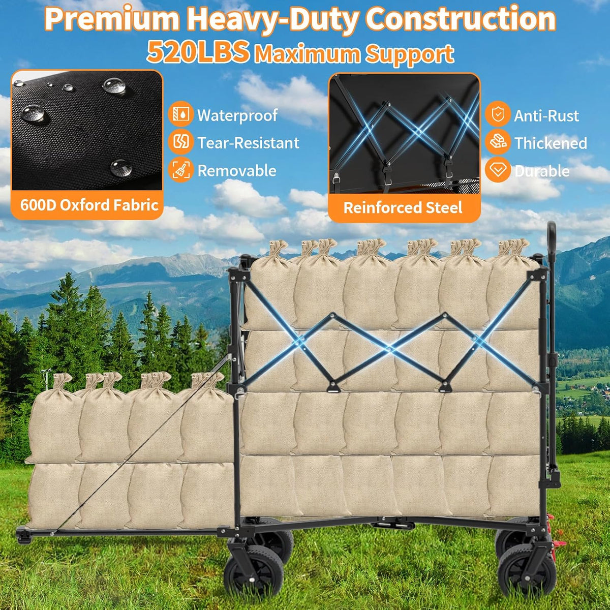 480L Double Decker Wagon, 58' L Extended Foldable Utility Cart with Tailgate, Big All-Terrain Wheels with Brakes, 520lbs Heavy Duty Collapsible Wagon for Camping Beach Sports Grocery Pets