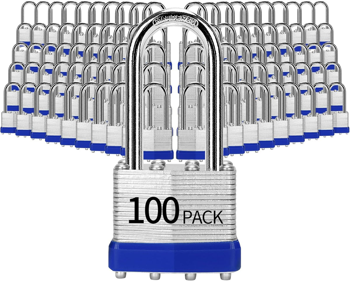 Padlocks Keyed Alike, Pack of 100, Laminated Steel Keyed Lock (1-9/16', 40mm), Padlocks with Same Key, Long Shackle, for Toolbox, Locker & StorageUnit or More