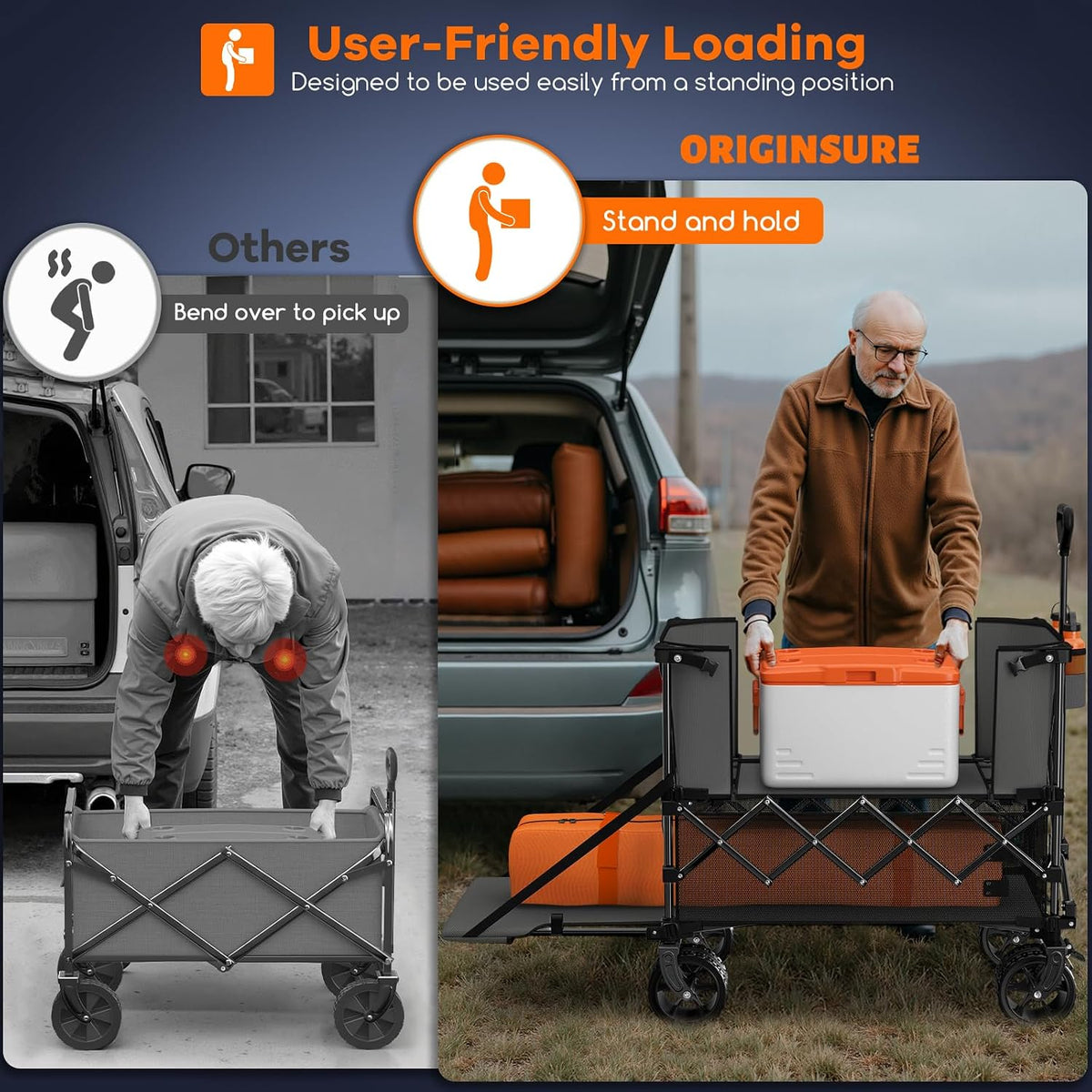 Originsure 400L Double Decker Wagon Collapsible with 54' L Tailgate, 560lbs Heavy Duty Carts Foldable, Extra Large Folding Beach Wagon with Big All-Terrain Wheels for Camping, Sports, Groceries, Grey