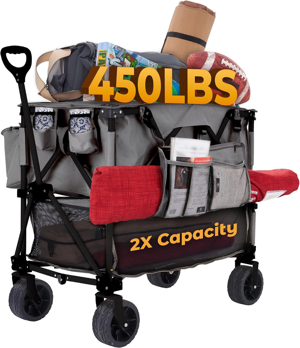 Camphor Designs 400L Collapsible Folding Double Decker Beach Wagon |Heavy Duty Utility Cart Extender|Supports 450lbs|All-Terrain Big Wheels with Breaks for Sports Camping (Grey/Grey)